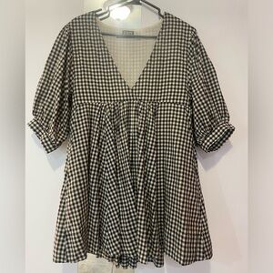 Checkered V Neck Crossover Babydoll Dress